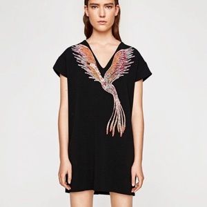 Zara black dress with bird decal